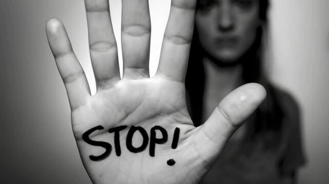 black and white video of a sad woman with the word stop written in her palm