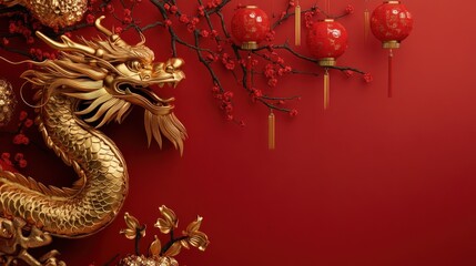 Fototapeta premium Golden dragon figurine, red decorations, festive