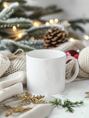 A blank white mug, mug mockup, on a white desk with Christmas elements