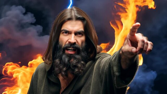 Prophet of God warning people of their sins and mistakes with finger raised 4K