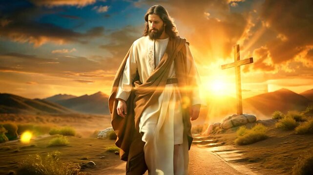 Jesus Christ in white robe walking with sun rays effects 4K