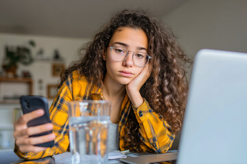Bored teenager with a laptop and phone. Distracted student procrastinating on her digital device, looking unmotivated and weary.