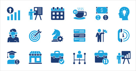 Business management company colored flat icon set. Contains symbol of finance, success, data, businessman, target, customer service, work, money, store, meeting, education, idea. Vector illustration