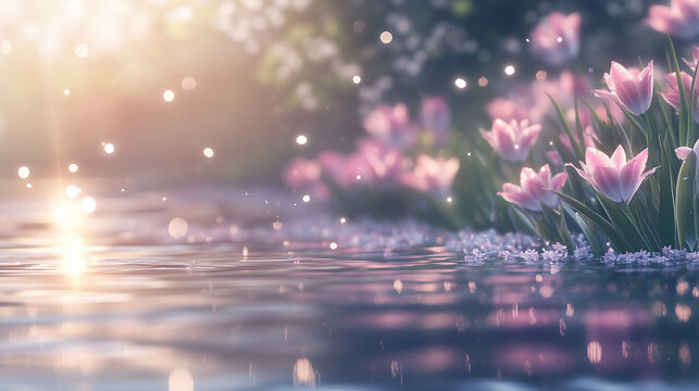 Clear water droplet swirl ripple surface with blooming little flowers as background..