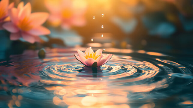 Clear water droplet swirl ripple surface with blooming flowers lotus with dawn morning background.	