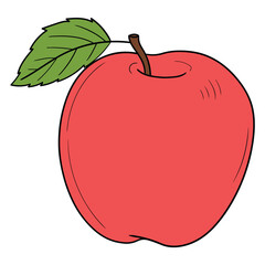 Hand drawn cartoon red apple with green leaf on white background.
