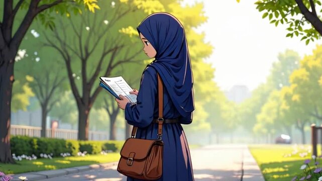 Hijab cartoon illustration of a woman walking down a brick path, suitable for diverse religious or culturalthemed projects and designs.