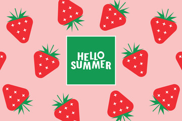 Hello summer - advertising horizontal web banner. Geometric minimalistic abstract illustration of strawberry berries on pink background. Vector illustration.