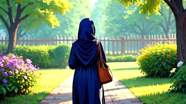 Hijab cartoon illustration of a woman walking down a brick path, suitable for diverse religious or culturalthemed projects and designs.