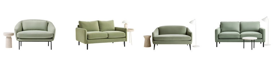 Modern green sofas and furniture in a living room.