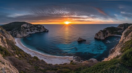 Fototapeta premium Panoramic sunset view of a secluded beach cove