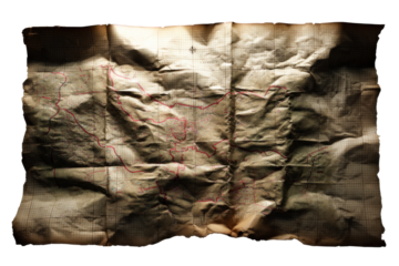 Old weathered map with red markings on a transparent background