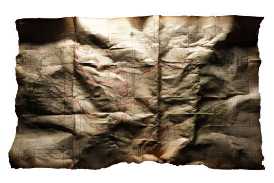 Old weathered map with red markings on a transparent background