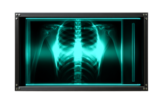 X ray image of thoracic region showing ribs and spine details