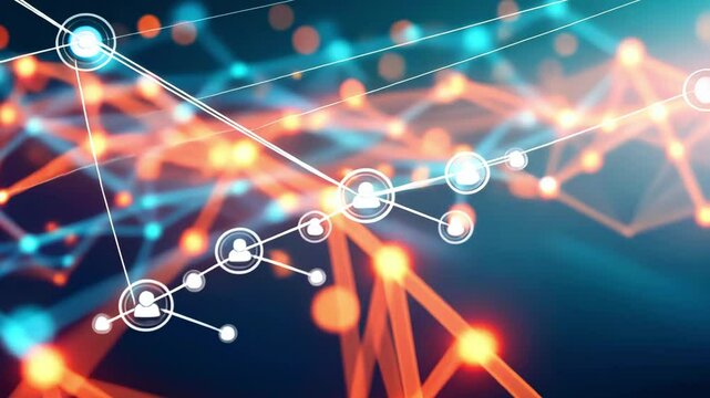 Abstract representation of digital connections and networks with glowing nodes and user icons