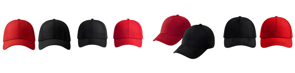 A collection of baseball caps in red and black colors. long_title:A diverse assortment of classic baseball caps in vibrant red and classic black