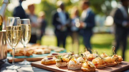 Outdoor celebration with sparkling drinks and delicious hors d'oeuvres on a sunny day, perfect for a gathering.