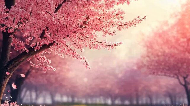 Abstract grunge blossoms with cherry and sakura hues beneath a pink spring sky, a vector illustration of nature's beauty in a Japanese garden