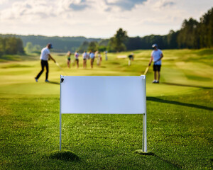 banner or blank golf course yard sign. fuzzy There are golfers in the background.