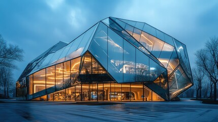 Obraz premium Modern,faceted building with glass facade at twilight.