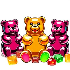 Obraz premium Drei große bunte Gummibären mit glänzender Oberfläche, umgeben von Geleewürfeln – fröhliches Süßwarenmotiv für Verpackungen oder Kinderdesigns.