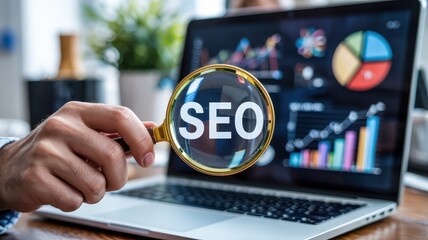 Close-up of a hand holding a magnifying glass over SEO on a laptop screen.