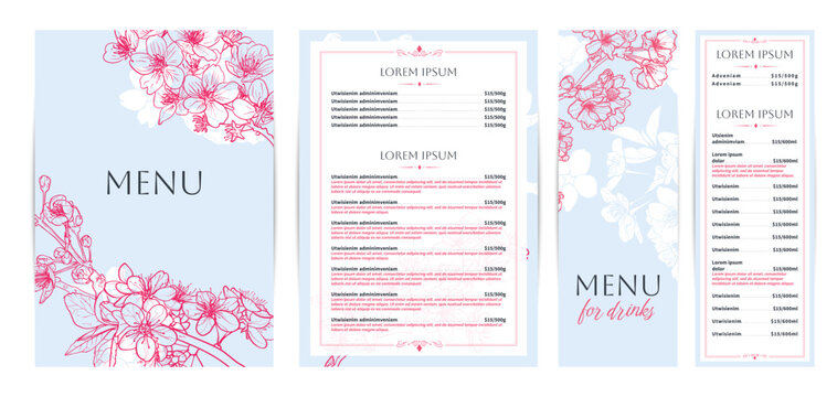 Elegant blue food and drinks menu designs. Restaurant menu template. Beautiful vector A4 format with high quality flowers for print and online usage. Hand drawn line art cherry blossoms illustrations.