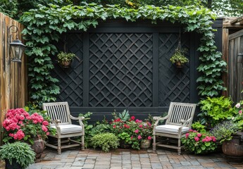 Fototapeta premium Peaceful garden patio with chairs, trellis, and flowers