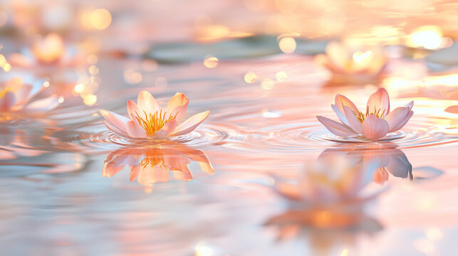 Clear water droplet swirl ripple surface with blooming flowers lotus with dreamy light background.	