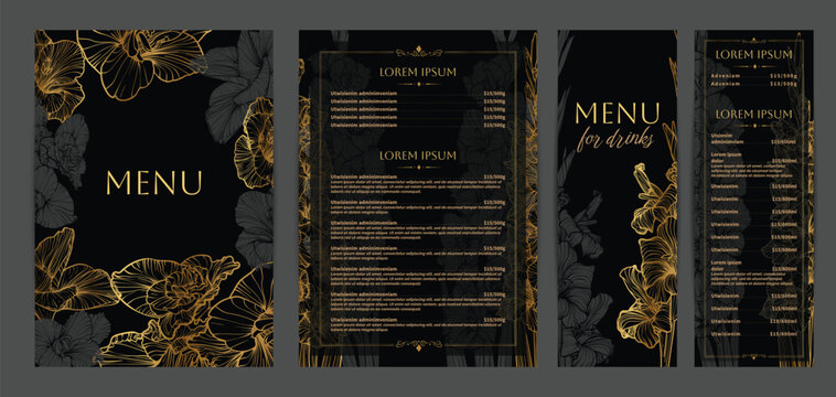 Luxurious food and drinks menu designs. Restaurant menu template. Elegant vector A4 format with high quality flowers for print and online usage. Golden hand drawn line art gladiolus illustrations.
