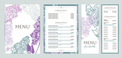 Elegant food and drinks menu designs. Restaurant menu template. Beautiful vector A4 format with high quality flowers for print and online usage. Saturated hand drawn line art lilac illustrations.