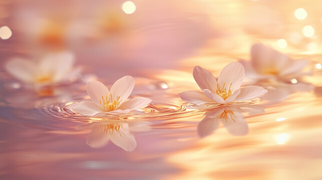 Clear water droplet swirl ripple surface with blooming pink flowers in a pond with dreamy light background.