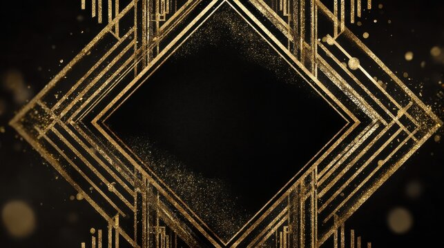 A stunning image of vintage frame combines black and gold glitter, reflecting the opulence of the roaring 1920s. The geometric design and soft focus create a classy backdrop for.