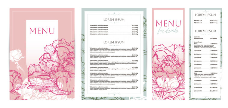Elegant food and drinks menu designs. Restaurant menu template. Beautiful vector A4 format with high quality flowers for print and online usage. Saturated hand drawn line art peony illustrations.