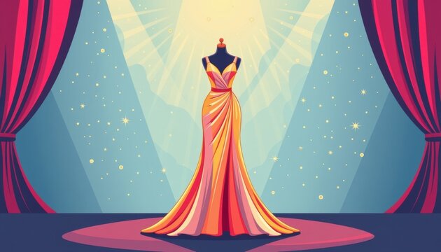 Security and elegance concept. Elegant evening gown displayed on a mannequin with vibrant lighting and curtains.