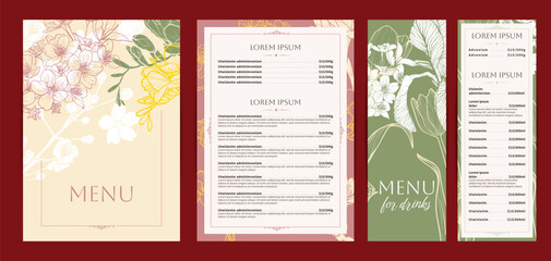 Elegant food and drinks menu designs. Restaurant menu template. Beautiful vector A4 format with high quality tulip, cherry blossom, freesia. Pastel hand drawn line art spring illustrations.