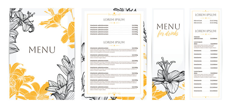 Elegant food and drinks menu designs. Restaurant menu template. Beautiful vector A4 format with high quality flowers for print and online usage. Saturated hand drawn line art tiger lily illustrations.
