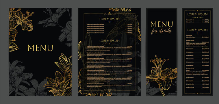 Luxurious food and drinks menu designs. Restaurant menu template. Elegant vector A4 format with high quality flowers for print and online usage. Golden hand drawn line art tiger lily illustrations.