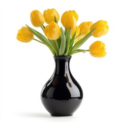 A bouquet of bright yellow tulips arranged in a sleek black vase perfect for spring or home decor