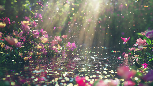 Beam of light shine through forest trees flowers create a dreamy fantasy scene.