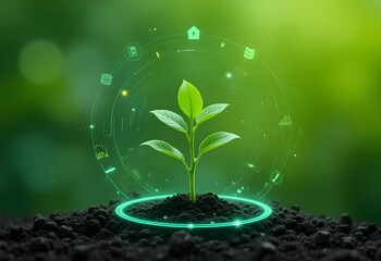 Green seedling emerging from soil with digital holographic elements on vibrant background