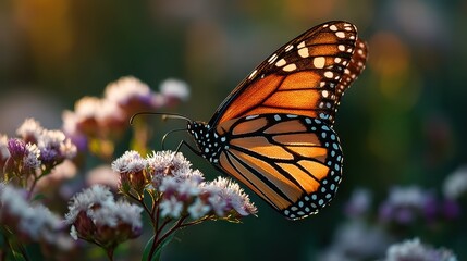 A close-up shot of a monarch butterfly on a wildflower, backlit by morning sun