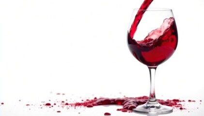 Rich red wine poured, swirling in glass against stark white , splash, full glass