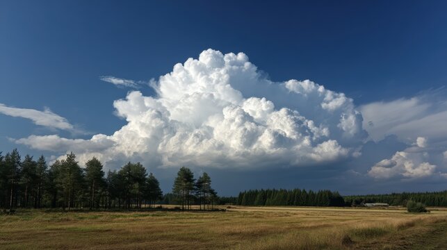 A large thunderhead cloud building above a forested plain