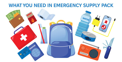 Emergency disaster evacuation supply pack. Set of objects food, medicines, hygiene stuff, and identity documents. Survival kit objects. Flat vector illustration. Tourist, traveler, refugee concept.