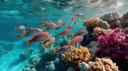Naklejka premium A coral reef full of colorful fish and marine life seen underwater in clear tropical sea