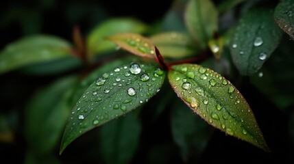 A close-up of raindrops on green leaves during a light summer shower