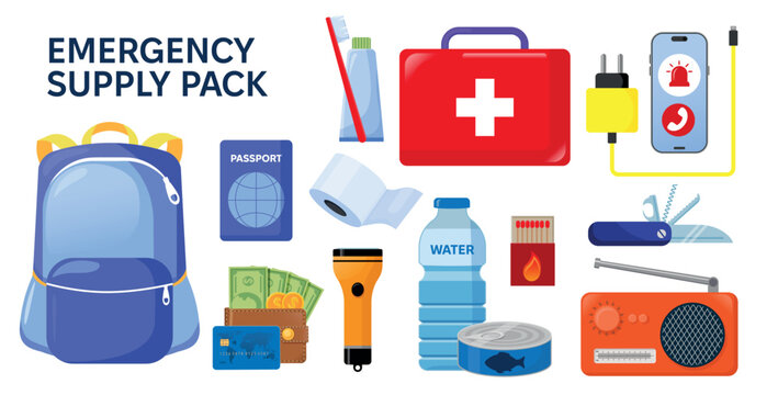 Emergency disaster evacuation supply pack. Set of objects food, medicines, hygiene stuff, and identity documents. Survival kit objects. Flat vector illustration. Tourist, traveler, refugee concept.