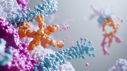 Close up scientific rendering of bacterial DNA replication fork helicase unwinding DNA strand DNA polymerase enzyme adding nucleotide molecular biology visual clean minimal style no text white