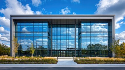 Obraz premium Modern glass-fronted office building under a partly cloudy sky.